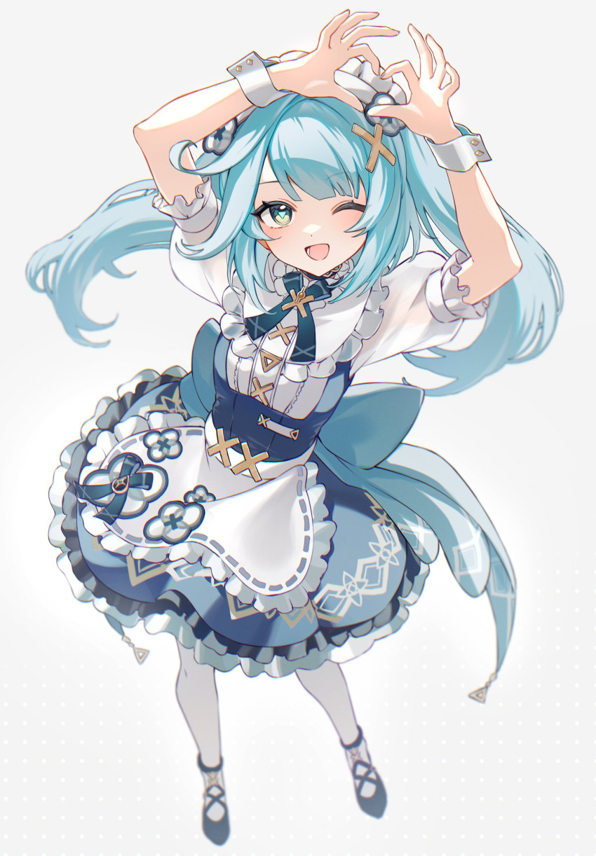 1girl apron arms_up blue_dress blue_hair commentary_request dress faruzan_(genshin_cafe)_(genshin_impact) faruzan_(genshin_impact) frilled_dress frills green_eyes grey_background hair_ornament heart heart_hands highres long_hair maid_headdress mochimiya_(coyo) official_alternate_costume one_eye_closed open_mouth pantyhose puffy_short_sleeves puffy_sleeves shoes short_sleeves simple_background solo triangle-shaped_pupils twintails white_pantyhose wrist_cuffs x_hair_ornament