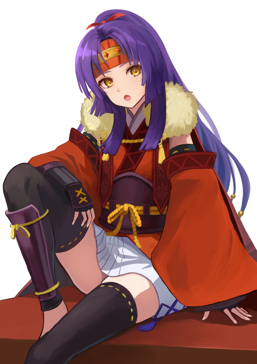 1girl :o black_thighhighs commentary_request curtained_hair detached_sleeves fire_emblem fire_emblem:_radiant_dawn fire_emblem_heroes fur_trim headband highres labebebe_lee long_hair looking_at_viewer ninja obi official_alternate_costume open_mouth purple_hair red_headband sanaki_kirsch_altina sanaki_kirsch_altina_(ninja) sash simple_background sitting solo thigh-highs white_background yellow_eyes