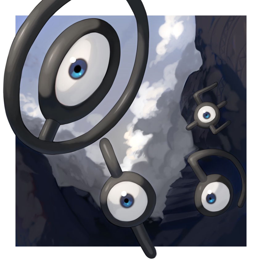 blue_eyes blue_sky canyon clouds cloudy_sky flying highres looking_at_viewer multicolored_background no_humans outdoors pokemon pokemon_(creature) sky sumosamo unown unown_d unown_e unown_i unown_o