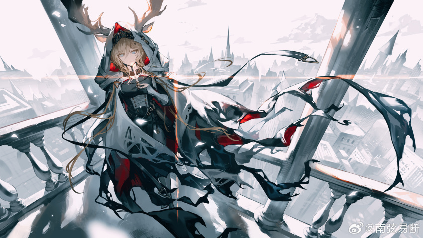 1girl animal_ears antlers antlers_through_hood architecture arknights balcony black_dress blonde_hair blue_eyes castle chinese_commentary cloak clouds commentary_request deer_antlers deer_ears deer_girl dress ears_through_hood full_body gauntlets grey_sky highres hood hooded_cloak lens_flare long_hair looking_at_viewer nanxianyiduan outdoors railing sidelocks sky solo torn_cloak torn_clothes viviana_(arknights) weibo_username white_cloak