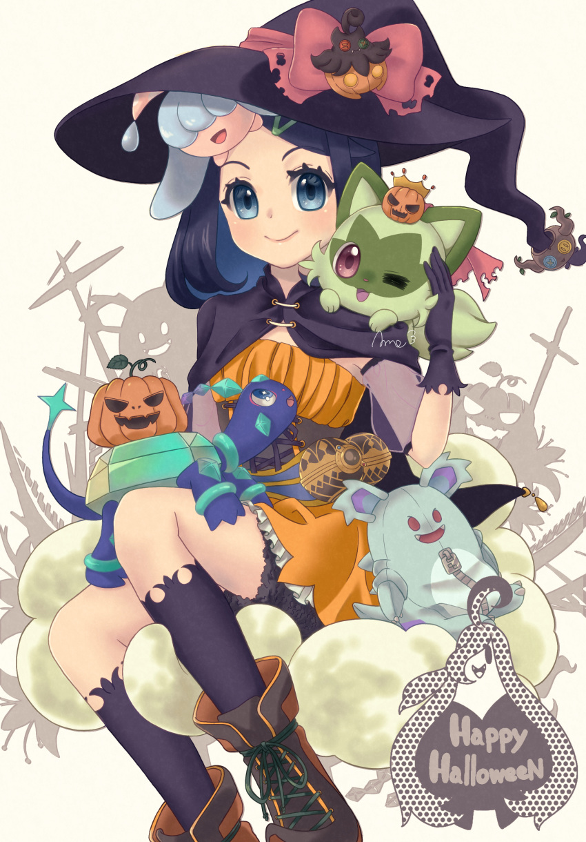 1girl absurdres alternate_costume amedamaneko black_gloves black_headwear blue_eyes boots bow character_doll closed_mouth commentary_request eyelashes gloves halloween hand_up happy_halloween hat hat_bow hatenna highres jack-o'-lantern liko_(pokemon) nidothing on_shoulder phantump pink_bow pokemon pokemon_(anime) pokemon_(creature) pokemon_horizons pokemon_on_shoulder pumpkaboo signature smile socks sprigatito terapagos