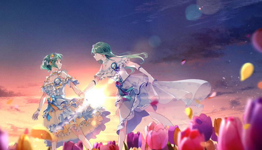 aqua_hair bang_dream! detached_sleeves dress flower frilled_dress frills gloves grabbing_another's_arm green_eyes hair_flower hair_ornament hair_scrunchie highres hikawa_hina hikawa_sayo incest jewelry light_rays long_hair looking_at_another necklace open_mouth petals scrunchie short_hair short_sleeves siblings sisters sunrise tiara toto_(sa-dosama) tulip twincest twins wedding_dress white_dress white_gloves wife_and_wife yuri