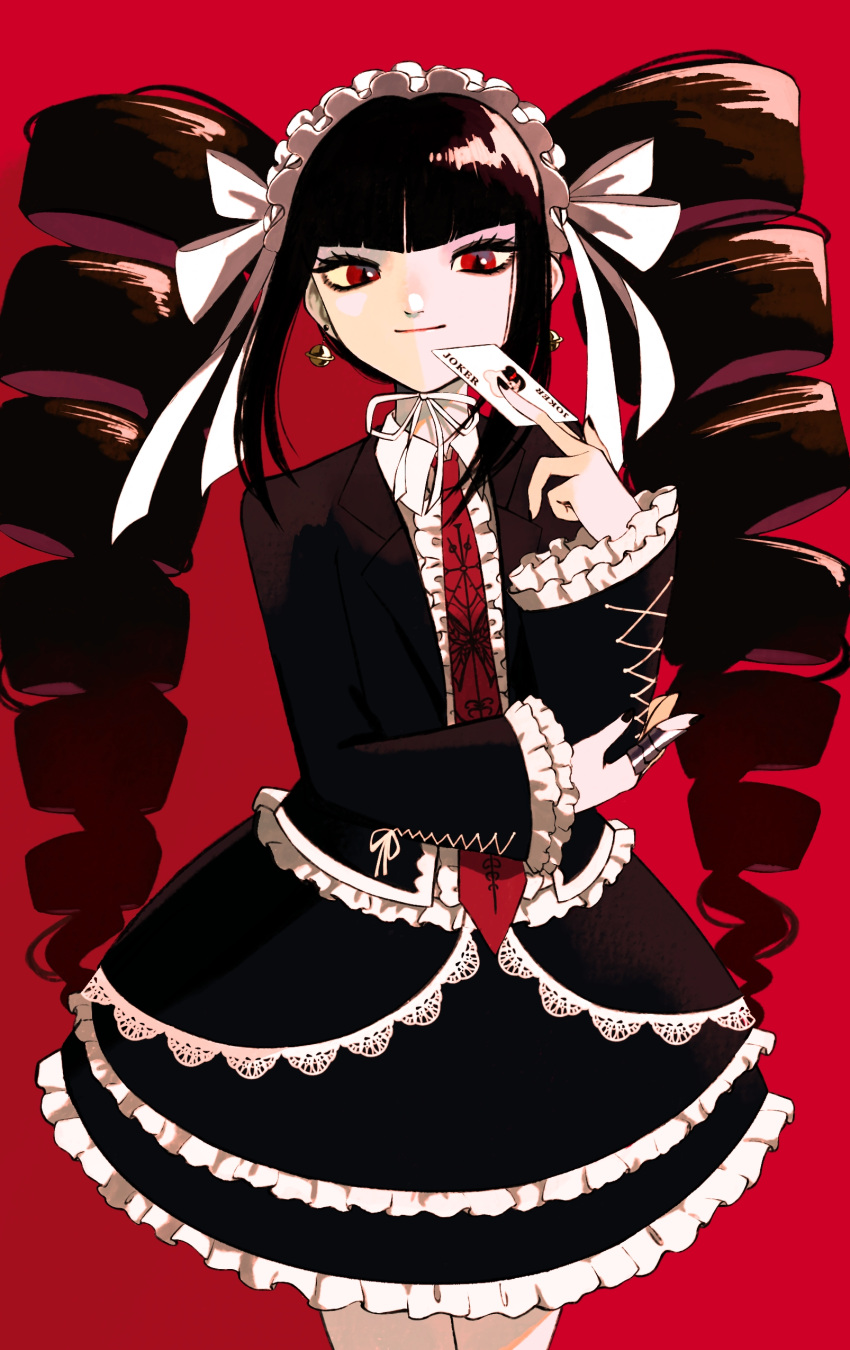 1girl absurdres black_hair black_nails bonnet card celestia_ludenberg claw_ring closed_mouth cowboy_shot danganronpa:_trigger_happy_havoc danganronpa_(series) drill_hair earrings frilled_jacket frills gothic_lolita hand_up highres holding holding_card jacket jewelry layered_skirt lolita_fashion long_hair long_sleeves looking_at_viewer nail_polish necktie open_clothes open_jacket playing_card print_necktie red_background red_eyes red_necktie ring shiki_(mitsushiki0003) shirt simple_background skirt smile solo twin_drills twintails