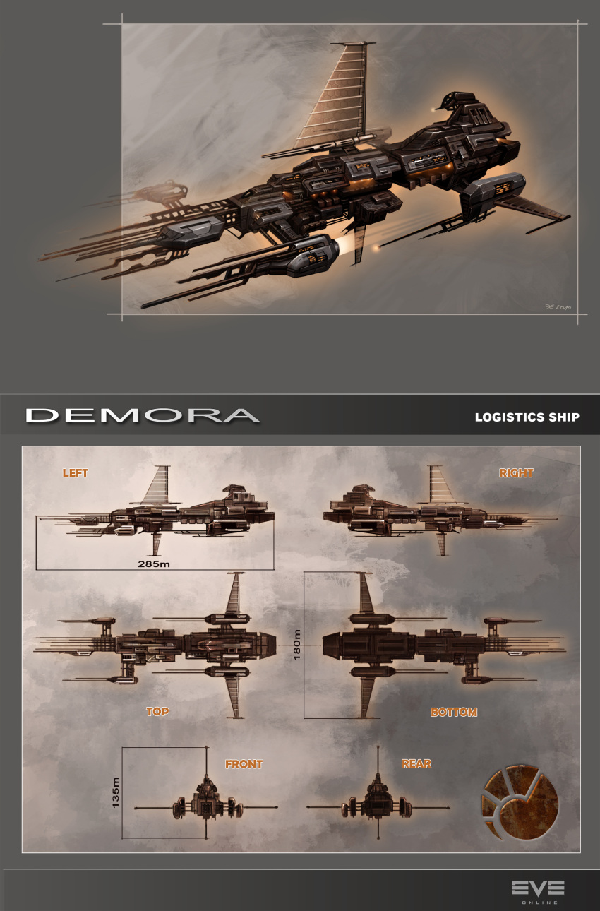 absurdres brown_theme commentary concept_art copyright_name cruiser_(eve_online) emblem emilus eve_online flying from_side glowing highres logistics_ship_(eve_online) logo military_vehicle minmatar_republic_(eve_online) multiple_views no_humans original reference_sheet science_fiction solar_panel spacecraft tech_2_ship_(eve_online) thrusters vehicle_focus