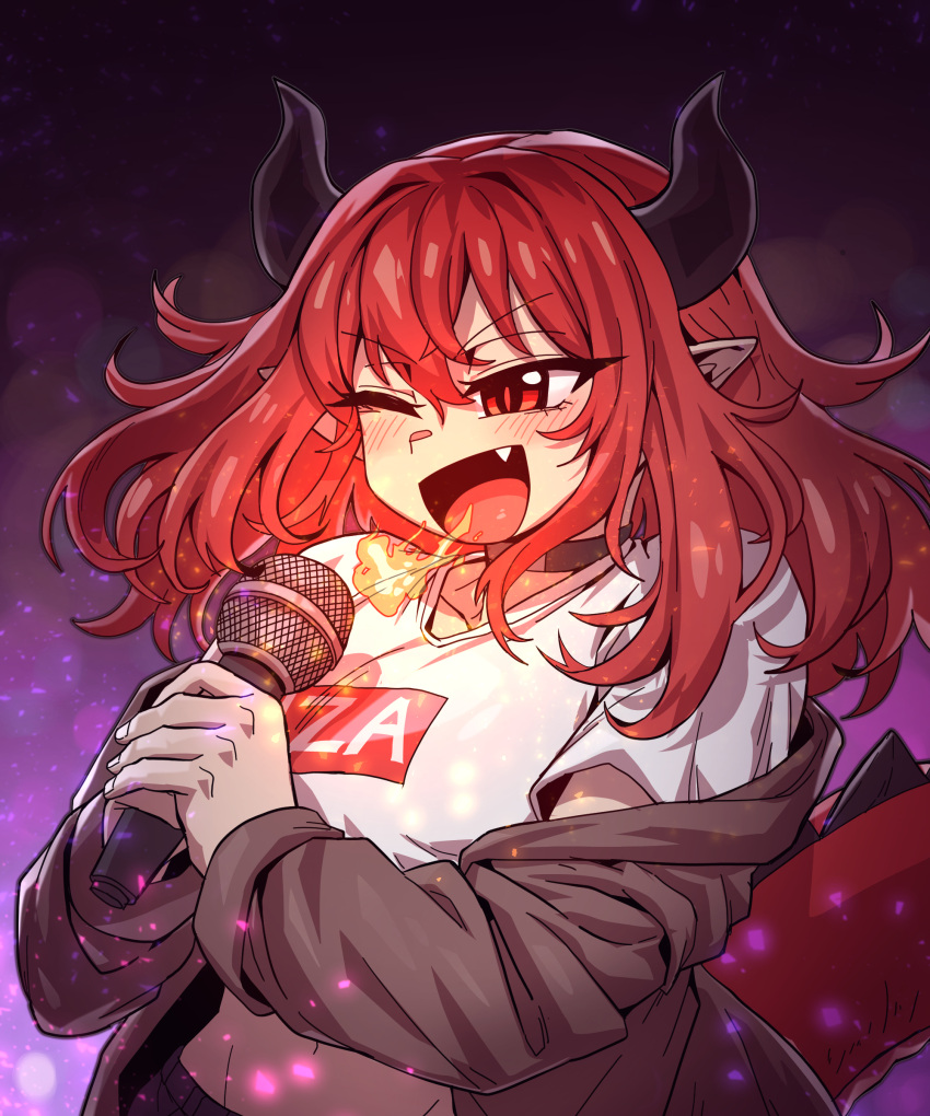 1girl absurdres breathing_fire dragon_girl dragon_horns dragon_tail fire gggoturi highres holding holding_microphone horns jacket microphone midriff one_eye_closed open_clothes open_jacket original red_eyes redhead shirt solo tail white_shirt