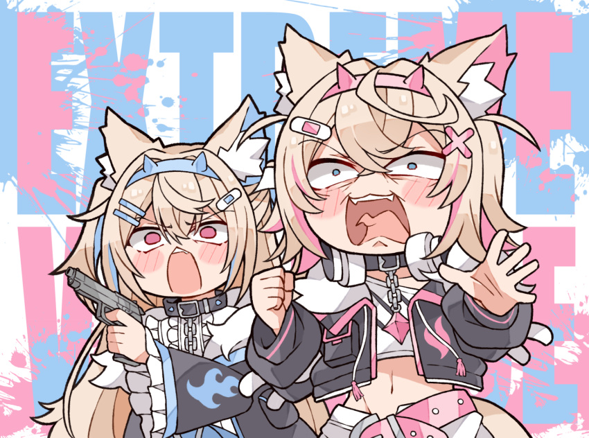 2girls animal_ear_fluff animal_ears belt belt_collar black_collar black_jacket blonde_hair blue_eyes blue_hair blush collar cropped_jacket cropped_shirt dog_ears dog_girl dog_tail dress fur-trimmed_jacket fur_trim fuwawa_abyssgard gun hair_ornament hairpin headphones headphones_around_neck highres holding holding_gun holding_weapon hololive hololive_english jacket kukie-nyan looking_at_viewer mococo_abyssgard multicolored_hair multiple_girls open_mouth pink_belt pink_eyes pink_hair shirt shorts siblings sidelocks sisters spiked_collar spikes streaked_hair tail teeth twins two_side_up upper_teeth_only virtual_youtuber weapon white_dress white_shirt white_shorts x_hair_ornament