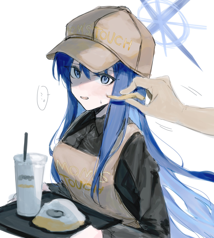 1girl 1other absurdres apron black_shirt blue_archive blue_eyes blue_hair blue_halo brown_apron brown_headwear collared_shirt dantyou2525 drinking_straw hair_between_eyes halo hat highres holding holding_tray long_hair long_sleeves mom's_touch open_mouth saori_(blue_archive) shirt simple_background sketch tray upper_body white_background