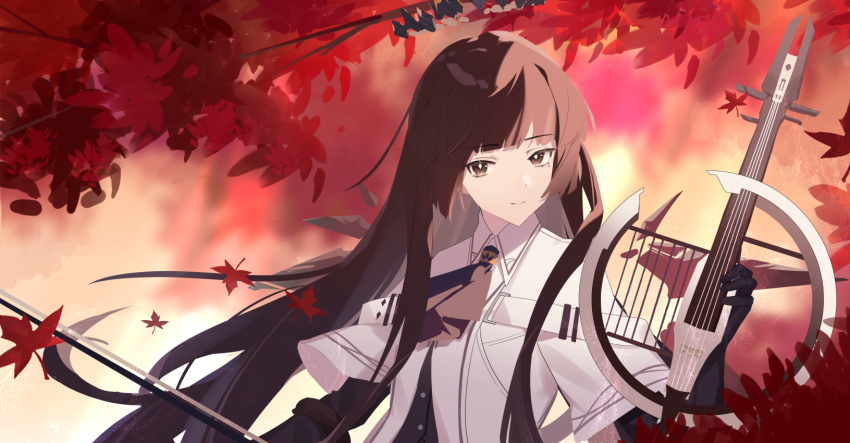 1girl arknights ascot autumn autumn_leaves belt belt_buckle black_ascot black_bustier black_eyes black_gloves black_hair black_halo black_wings blunt_bangs blurry blurry_background blurry_foreground bow_(music) branch broken_halo buckle bustier buttons cello chinese_commentary collared_jacket commentary_request dark_halo day depth_of_field detached_wings dot_nose energy_wings falling_leaves floating floating_hair gloves halo hand_up highres hime_cut holding holding_bow_(music) holding_instrument holding_violin hua_ye instrument jacket layered_sleeves leaf light_particles light_smile long_hair long_sleeves looking_at_viewer maple_leaf mole mole_under_eye outdoors pale_skin shade short_over_long_sleeves short_sleeved_jacket short_sleeves sidelocks solo standing sunlight tree upper_body very_long_hair violin virtuosa_(arknights) white_belt white_jacket wide_sleeves wing_collar wings