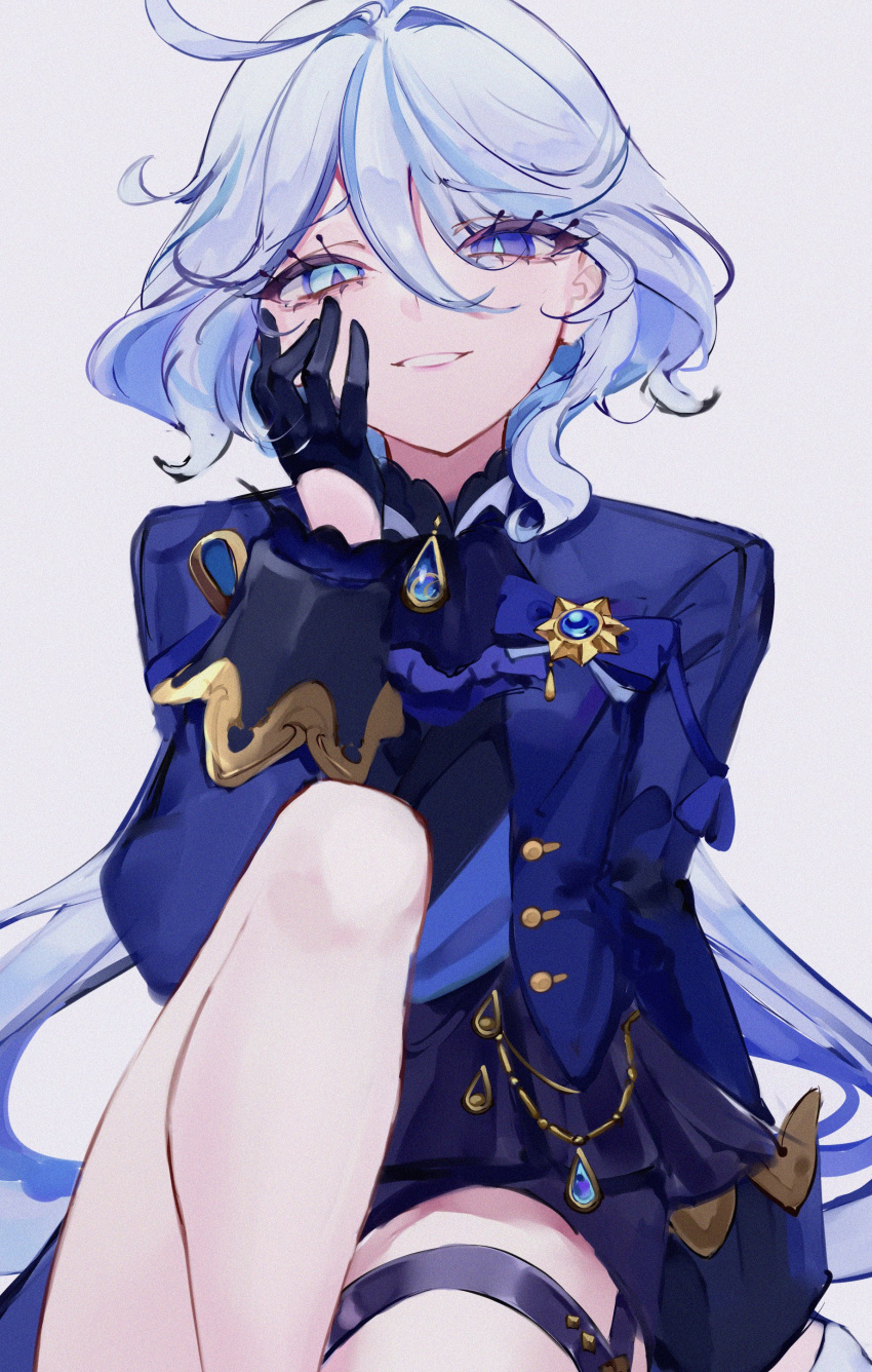 1girl absurdres ahoge ascot black_gloves blue_ascot blue_brooch blue_eyes blue_hair blue_jacket commentary furina_(genshin_impact) genshin_impact gloves hair_between_eyes hair_intakes hand_on_own_cheek hand_on_own_face hand_up heterochromia highres jacket knee_up light_blue_hair long_bangs long_hair long_sleeves mile_(off8mile) mismatched_pupils parted_lips simple_background sitting smile smirk solo swept_bangs symbol-shaped_pupils thigh_strap white_background
