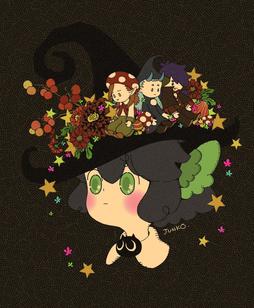 4boys animal_ears aqua_hair aqua_horns artist_name black_background blush brown_hair cat_boy cat_ears fengxi_(the_legend_of_luoxiaohei) flower green_eyes green_pants hair_over_one_eye hat heixiu highres jujujujunco leaf luo_xiaohei luo_xiaohei_zhanji luozhu_(the_legend_of_luoxiaohei) multiple_boys mushroom_hat no_nose pants pointy_ears portrait purple_hair red_flower simple_background star_(symbol) vampire_costume witch_hat xuhuai_(the_legend_of_luoxiaohei)