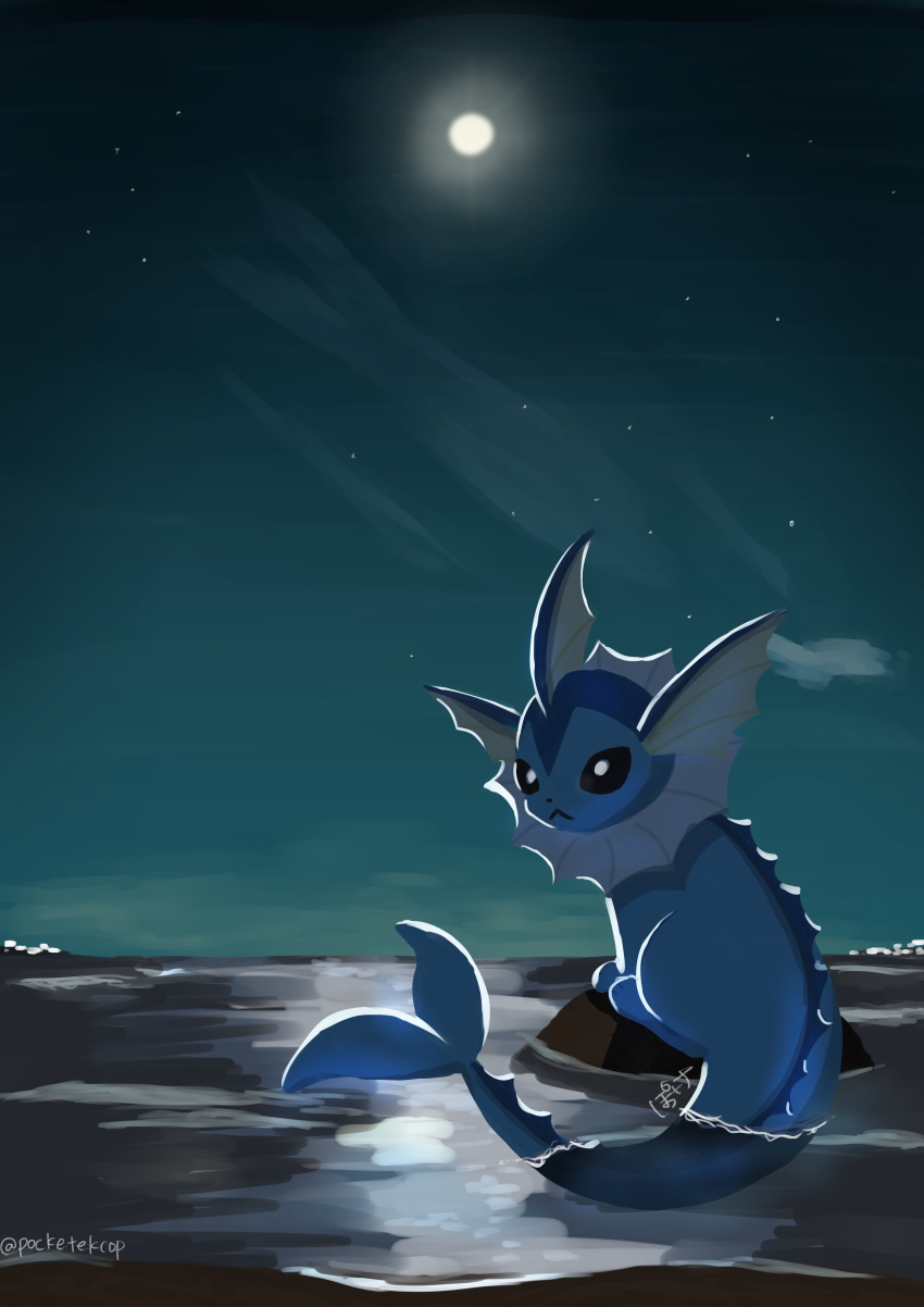 absurdres black_eyes commentary_request full_moon highres looking_at_viewer looking_back moon night no_humans ocean outdoors pocketekcop pokemon pokemon_(creature) solo star_(sky) vaporeon