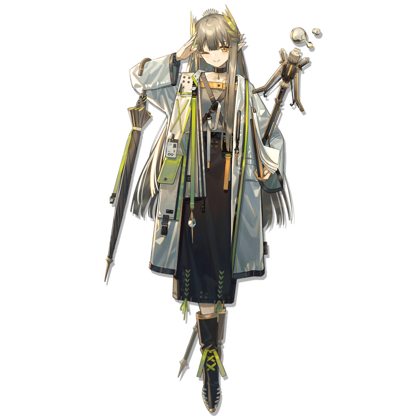 1girl arknights belt blonde_hair boots choker closed_umbrella collarbone contrapposto floating green_ribbon hair_ornament highres holding holding_notepad holding_staff hydrokinesis id_card jacket leaf_hair_ornament long_hair long_sleeves looking_at_viewer muelsyse_(arknights) norizc notepad official_art one_eye_closed pocket pointy_ears ribbon salute skirt smile solo staff straight_hair umbrella umbrella_on_arm water wide_sleeves yellow_eyes
