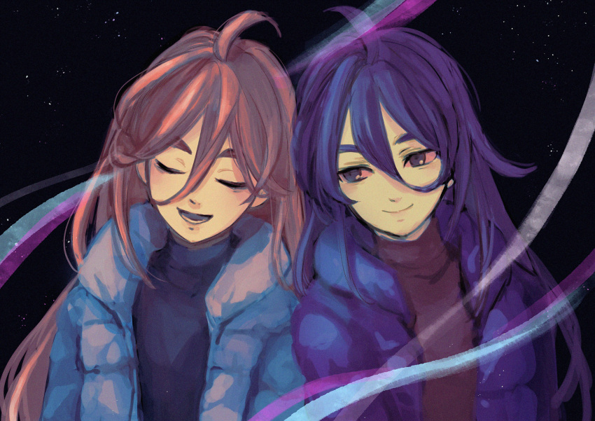 2girls ahoge arm_at_side badeline blue_jacket blue_sweater celeste_(video_game) closed_eyes commentary_request dark_background down_jacket fuwamoko_momen_toufu hair_between_eyes highres jacket leaning_on_person long_hair long_sleeves looking_at_another madeline_(celeste) multiple_girls open_mouth purple_hair purple_jacket red_sweater redhead side-by-side smile starry_background sweater violet_eyes