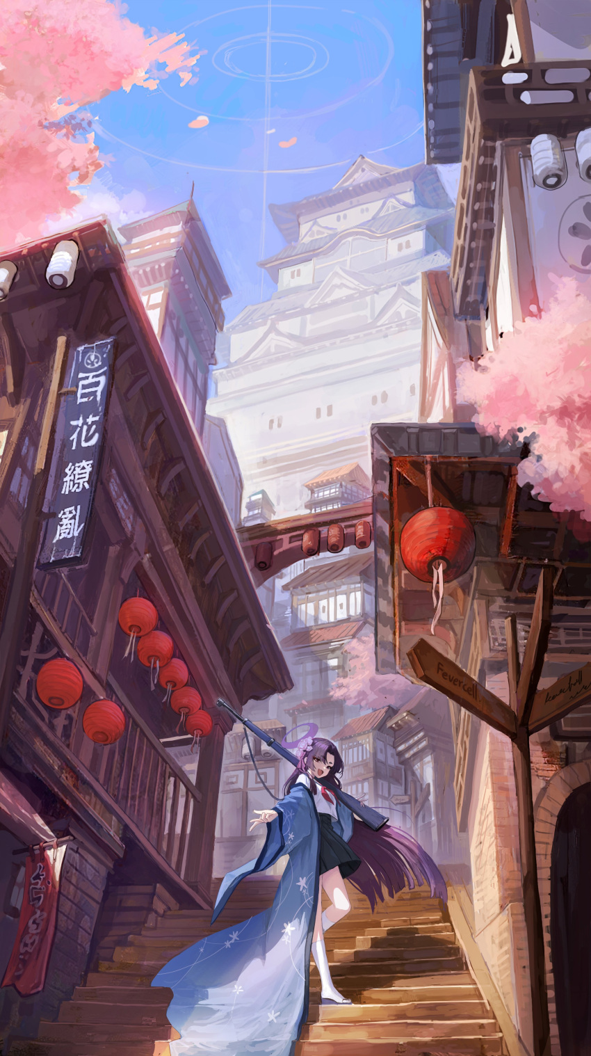 1girl absurdres alley architecture blue_archive building east_asian_architecture flower gun haejooncho hair_flower hair_ornament halo haori highres japanese_castle japanese_clothes lantern long_hair pagoda paper_lantern purple_halo rifle sniper_rifle stairs weapon yukari_(blue_archive)