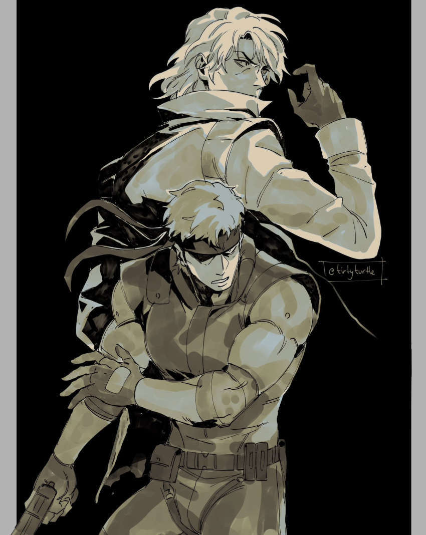 2boys bandana belt black_background from_behind gloves gun highres holding holding_gun holding_weapon jacket liquid_snake looking_back metal_gear_(series) metal_gear_solid multiple_boys one_eye_covered pillarboxed sepia shaded_face short_hair solid_snake tirtyturtle twitter_username weapon