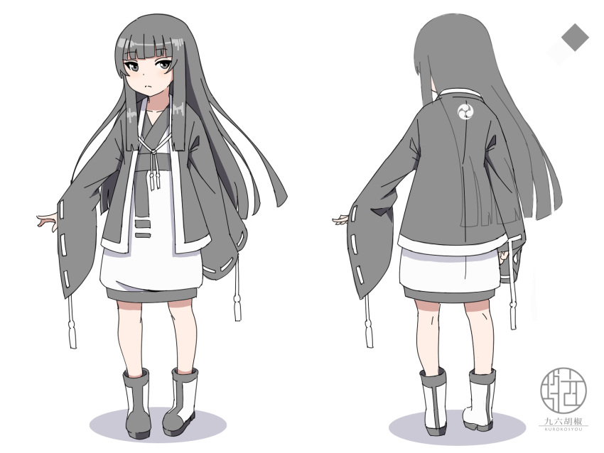 1girl boots closed_mouth collarbone grey_eyes grey_hair highres japanese_clothes kimono kuro_kosyou long_hair long_sleeves looking_at_viewer mitsudomoe_(shape) multiple_views original ribbon-trimmed_sleeves ribbon_trim shadow simple_background sleeves_past_wrists standing tomoe_(symbol) turnaround very_long_hair white_background white_footwear white_kimono wide_sleeves x-ray