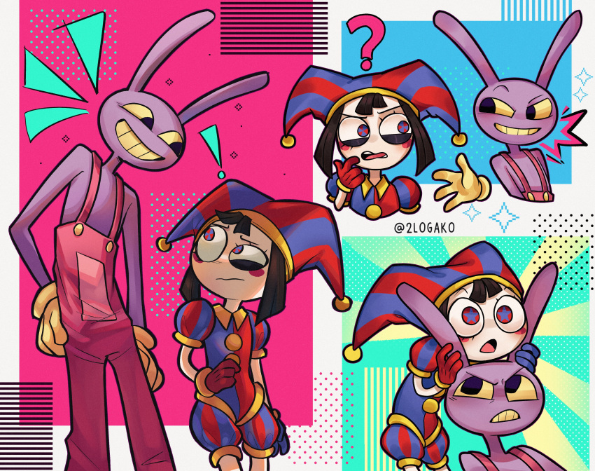 1boy 1girl 2logako absurdres animal_ears black_eyes blue_eyes brown_hair clenched_teeth collage colored_sclera commentary english_commentary eye_contact gloves grabbing_another's_ear hand_on_another's_ear hat height_difference heterochromia highres jax_(the_amazing_digital_circus) jester jester_cap looking_at_another overalls pale_skin pomni_(the_amazing_digital_circus) rabbit rabbit_ears red_eyes short_hair smile teeth the_amazing_digital_circus upper_body yellow_sclera