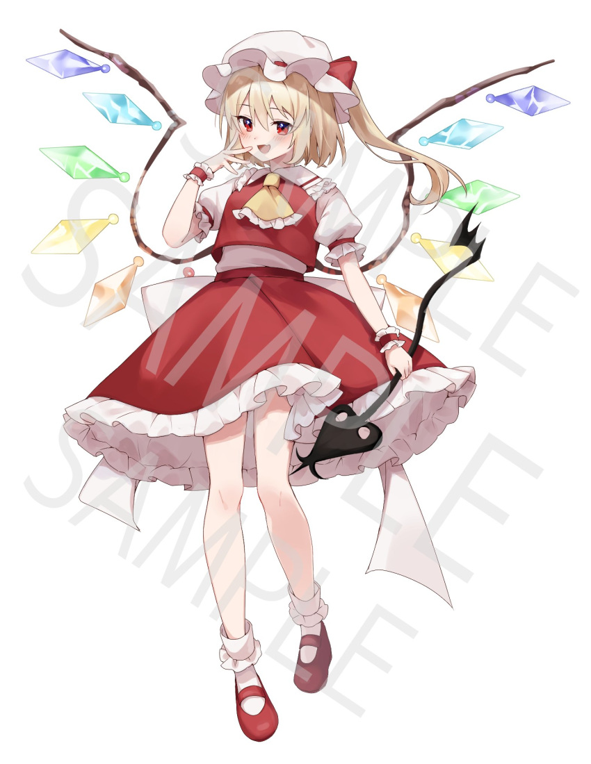 1girl back_bow blonde_hair bobby_socks bow breasts crystal flandre_scarlet frilled_shirt_collar frilled_skirt frilled_sleeves frills full_body hair_between_eyes hat hat_ribbon highres holding holding_polearm holding_weapon laevatein_(touhou) large_bow mary_janes medium_hair multicolored_wings one_side_up polearm puffy_short_sleeves puffy_sleeves red_eyes red_footwear red_ribbon red_skirt red_vest ribbon sample_watermark shirt shoes short_sleeves simple_background skirt skirt_set small_breasts socks solo suikario touhou vest watermark weapon white_background white_bow white_headwear white_shirt white_socks wings wrist_cuffs