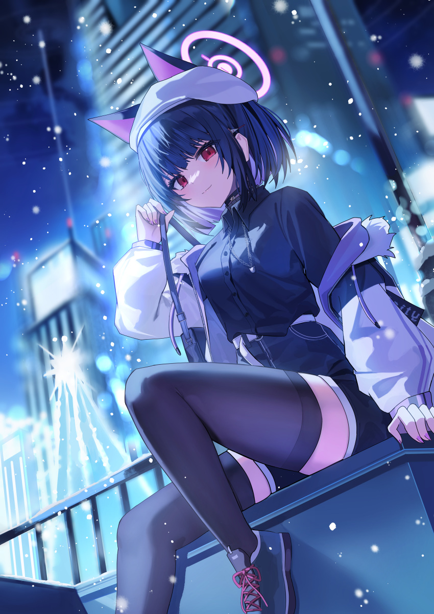 1girl absurdres animal_ears black_hair black_shirt black_thighhighs blue_archive blurry blurry_background blush breasts buttons cat_ears closed_mouth collared_shirt halo highres iv_(iv70311741) jacket kazusa_(blue_archive) large_breasts long_sleeves night outdoors pink_halo red_eyes shirt short_hair sitting smile solo thigh-highs white_jacket