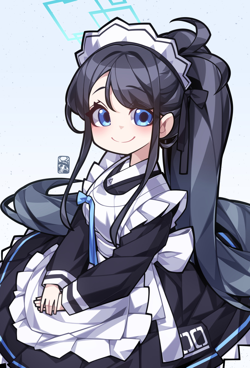 1girl absurdly_long_hair absurdres apron arang_(arang0220) aris_(blue_archive) aris_(maid)_(blue_archive) black_dress blue_archive blue_halo closed_mouth commentary_request dress frilled_apron frills halo highres korean_commentary long_hair long_sleeves looking_at_viewer maid maid_apron maid_headdress mixed-language_commentary official_alternate_costume smile solo very_long_hair white_apron