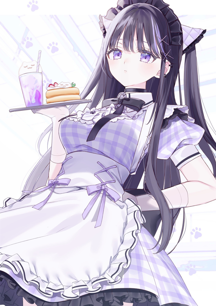 1girl absurdres apron blush breasts choker closed_mouth ear_piercing elbow_gloves gloves hair_ornament highres holding holding_plate long_hair looking_at_viewer maid maid_apron maid_headdress medium_breasts misumi_(macaroni) original piercing plate purple_hair ribbon short_sleeves violet_eyes