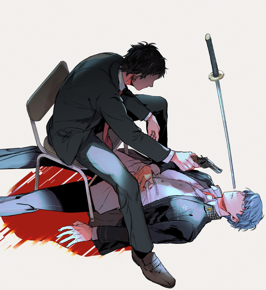 2boys adachi_tooru black_hair black_jacket black_pants brown_footwear business_suit collared_shirt full_body gakuran grey_eyes grey_hair gun hand_on_own_chest high_collar highres holding holding_gun holding_weapon ido_(nothing679) jacket katana leaning_forward long_sleeves looking_at_another lying male_focus multiple_boys narukami_yuu necktie on_back on_chair open_clothes open_jacket pants parted_lips persona persona_4 pointing pointing_at_another red_necktie school_uniform shirt shoes short_hair sitting spread_legs suit sword weapon white_background white_shirt yasogami_school_uniform