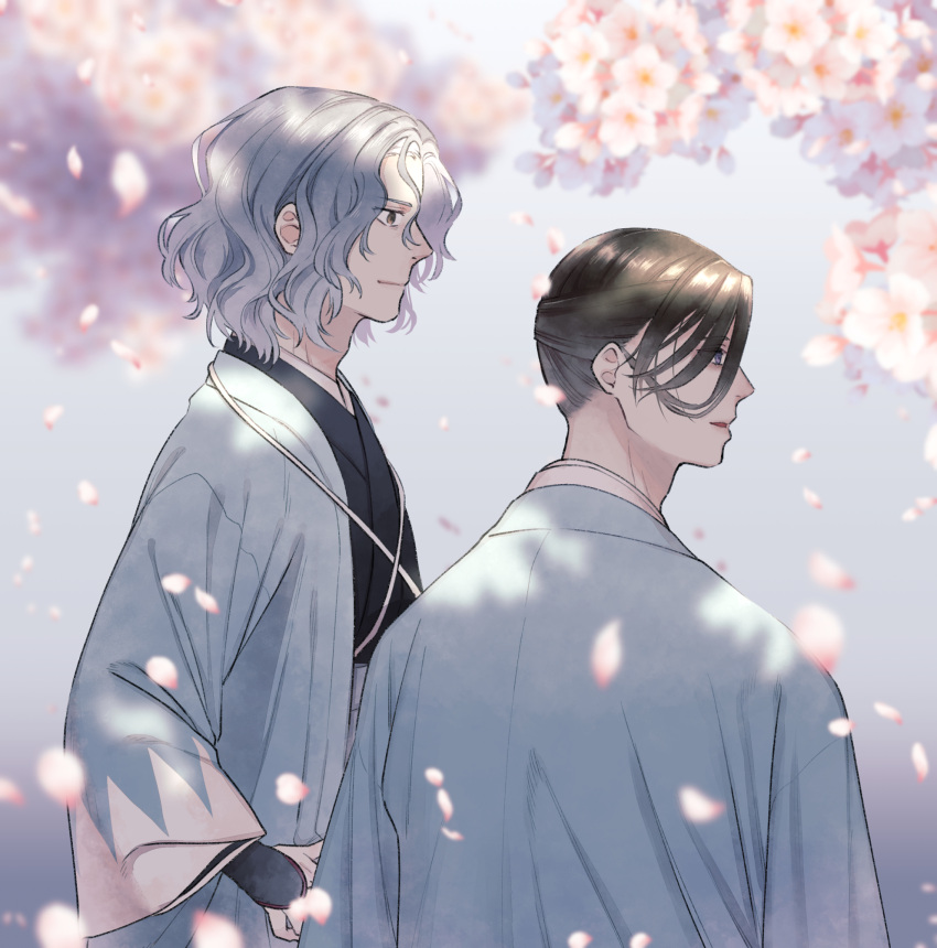 2boys arm_guards black_hair blue_hair blurry brown_eyes cherry_blossoms depth_of_field falling_petals fate/grand_order fate_(series) flower from_side hair_over_one_eye hair_pulled_back haori highres japanese_clothes looking_ahead looking_to_the_side male_focus medium_hair moon-and-calvados multiple_boys parted_lips petals profile saitou_hajime_(fate) saitou_hajime_(third_ascension)_(fate) shinsengumi short_hair smile upper_body violet_eyes wavy_hair white_flower yamanami_keisuke_(fate)