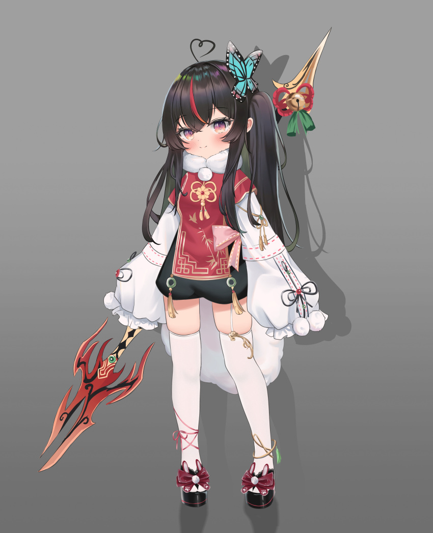 1girl absurdres ahoge black_hair blush butterfly_hair_ornament child chinese_clothes chinese_commentary closed_mouth frilled_sleeves frills full_body garter_straps grey_background hair_ornament heart heart_ahoge highres holding holding_polearm holding_weapon long_sleeves looking_at_viewer multicolored_hair original polearm redhead sheng_taoren simple_background single_garter_strap sleeves_past_fingers sleeves_past_wrists smile solo spear standing streaked_hair thigh-highs twintails violet_eyes weapon white_thighhighs zouri