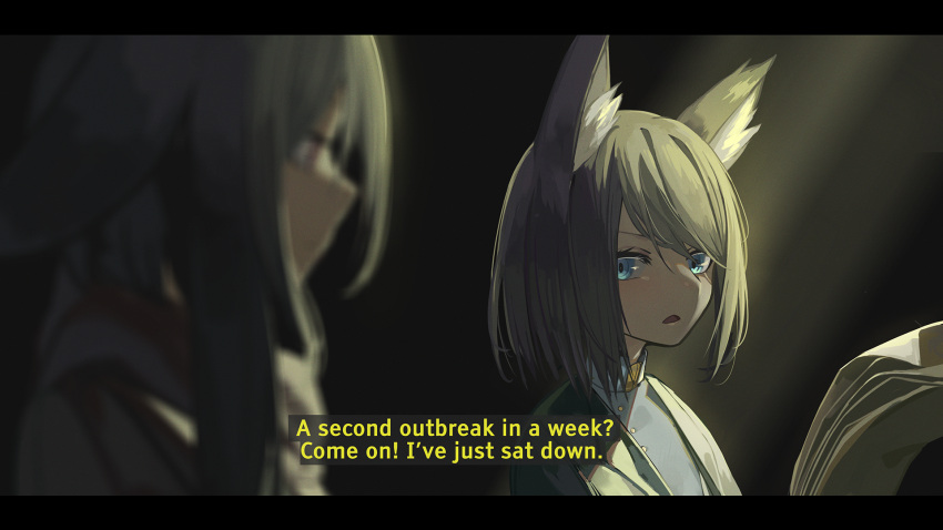 2girls animal_ear_fluff animal_ears blue_eyes blurry blurry_foreground commentary_request depth_of_field english_text floppy_ears green_jacket grey_hair grey_shirt highres jacket letterboxed multiple_girls natori_youkai open_clothes open_jacket open_mouth original rabbit_ears shirt short_hair upper_body