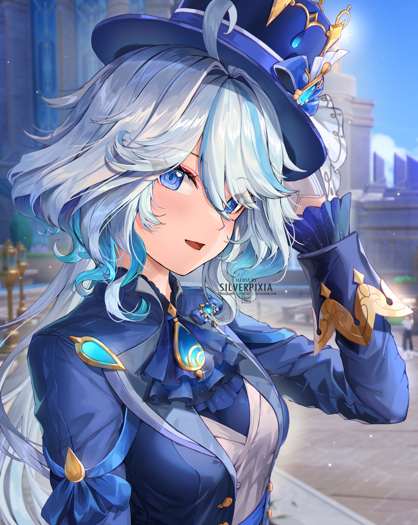 1girl absurdres artist_name ascot blue_ascot blue_brooch blue_gemstone blue_hair blue_headwear blue_jacket blue_sky blurry blurry_background blush breasts colored_inner_hair day drop-shaped_pupils furina_(genshin_impact) gem genshin_impact grey_hair hand_on_own_head hand_up hat heterochromia highres jacket kodona light_blue_hair lolita_fashion long_hair looking_at_viewer medium_breasts mismatched_pupils multicolored_hair open_mouth outdoors sidelocks silverpixia sky solo streaked_hair top_hat upper_body