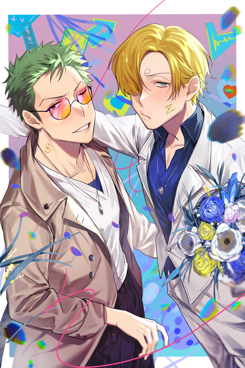 2boys absurdres black_pants blonde_hair blue_eyes blue_shirt body_writing bouquet brown_coat coat collarbone collared_shirt dongju_azuma earrings facial_hair falling_petals green_hair grin hair_over_one_eye hand_around_waist highres holding holding_bouquet jewelry kabedon looking_at_viewer male_focus multiple_boys necklace one_eye_closed one_piece pants petals polka_dot polka_dot_shirt roronoa_zoro sanji_(one_piece) scar scar_across_eye semi-rimless_eyewear shirt short_hair simple_background smile suit sunglasses t-shirt undershirt white_shirt white_suit