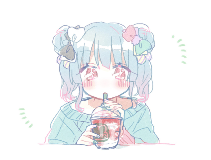 1girl black_bow blue_hair blush bow cha_ipride cup disposable_cup double_bun drink drinking drinking_straw gradient_hair green_nails green_shirt hair_between_eyes hair_bow hair_bun highres holding holding_drink hyodou_shizuku idoly_pride long_bangs long_sleeves looking_at_viewer multicolored_hair nail_polish notice_lines pink_hair red_eyes ribbed_shirt shirt sidelocks simple_background solo straight-on twintails two-tone_bow upper_body white_background white_bow