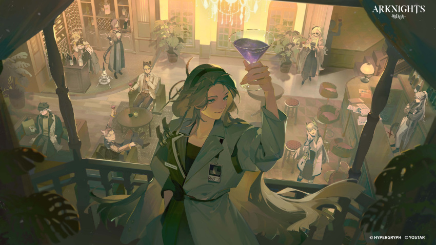 3boys 6+girls :d absurdres ahrens_(arknights) ameriya animal_ears arknights arm_up chair chandelier closed_eyes cocktail_glass cup dorothy_(arknights) drinking_glass ferdinand_(arknights) hat highres jara_(arknights) justin_(arknights) kristen_(arknights) lab_coat lamp muelsyse_(arknights) multiple_boys multiple_girls name_tag nasti_(arknights) saria_(arknights) smile stairs sunglasses