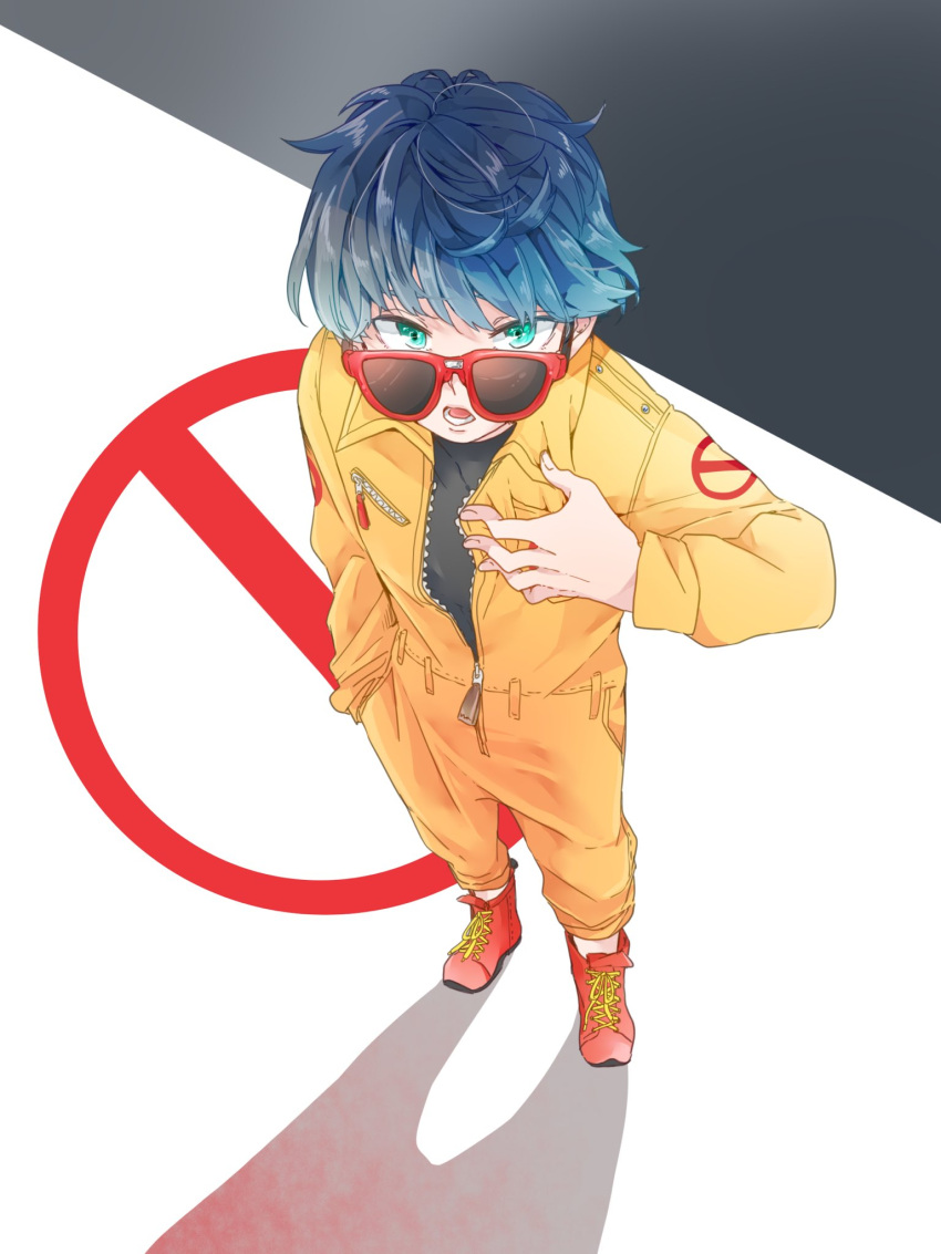 1boy aqua_eyes black_shirt blue_hair commentary_request full_body hand_on_own_chest highres jumpsuit kashikaze long_sleeves looking_at_viewer open_mouth orange_jumpsuit original red-framed_eyewear red_footwear shade shirt short_hair solo standing sunglasses zipper zipper_pull_tab