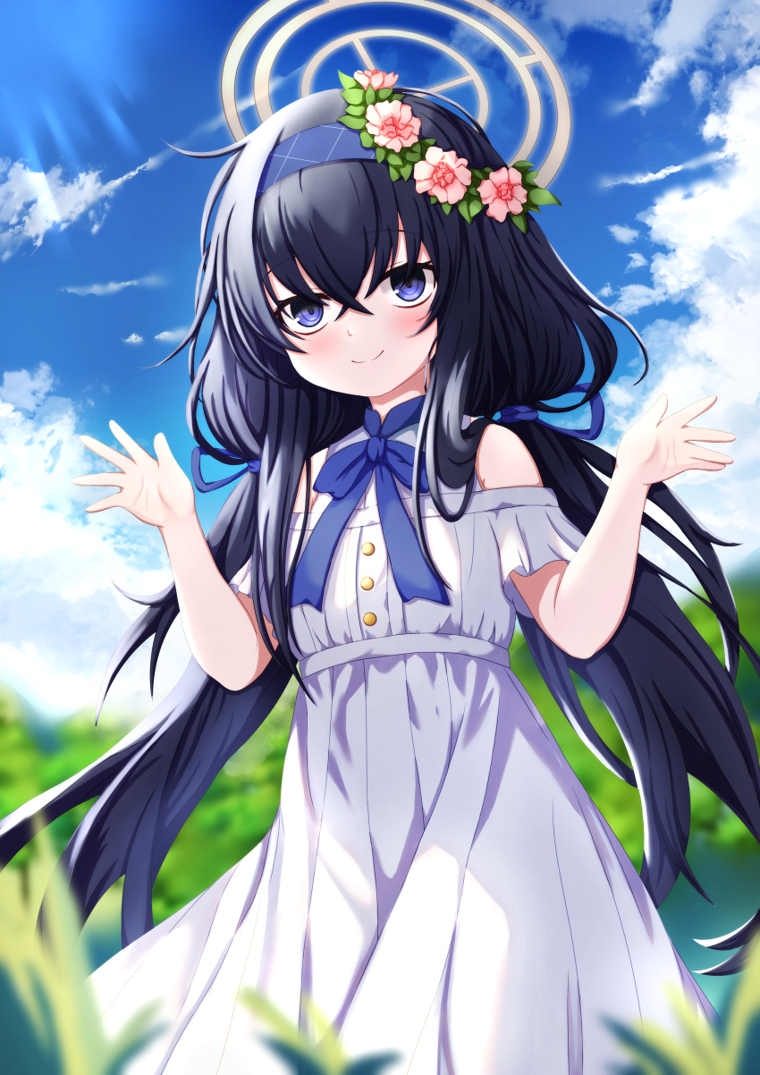 1girl absurdres alternate_costume bags_under_eyes bare_shoulders black_hair blue_archive blue_eyes blue_hairband blue_ribbon blue_sky blurry blurry_background chinese_commentary closed_mouth clouds commentary_request cowboy_shot dress field flower hair_flower hair_ornament hair_ribbon hairband halo highres jitome neck_ribbon off-shoulder_dress off_shoulder outdoors ribbon ringed_eyes sky smile solo ui_(blue_archive) uro30 white_dress