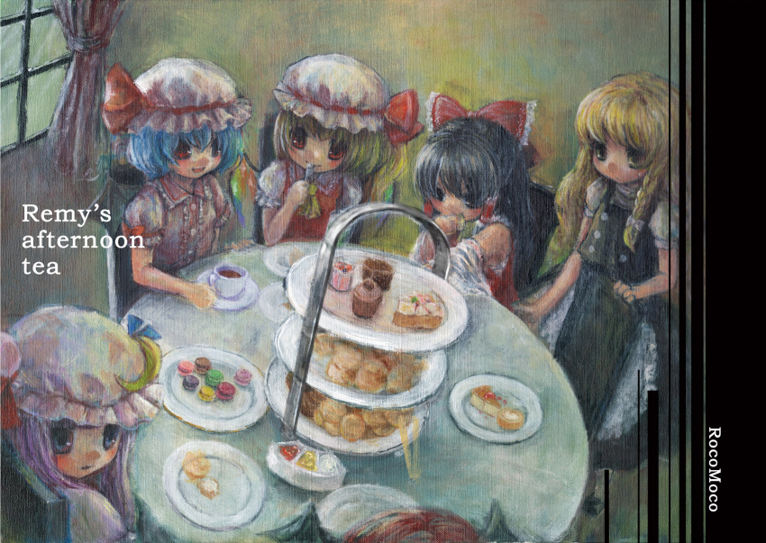 6+girls apron ascot bare_shoulders bat_wings black_hair black_skirt black_vest black_wings blonde_hair blue_hair bow center_frills chair character_name crescent crescent_hat_ornament cup curtains detached_sleeves eating english_text flandre_scarlet food frilled_apron frilled_bow frilled_hair_tubes frilled_shirt_collar frilled_sleeves frills hair_bow hair_tubes hakurei_reimu hat hat_ornament hat_ribbon head_wings highres indoors kirisame_marisa koakuma looking_at_another macaron mob_cap muffin multicolored_wings multiple_girls patchouli_knowledge pink_headwear pink_shirt plate pudding puffy_short_sleeves puffy_sleeves purple_hair red_bow red_eyes red_ribbon red_shirt red_vest redhead remilia_scarlet ribbon sarashi saucer sawada_moco shirt short_sleeves sitting skirt sleeveless sleeveless_shirt table teacup tiered_tray touhou vest violet_eyes waist_apron white_apron white_headwear white_shirt window wings yellow_ascot yellow_eyes