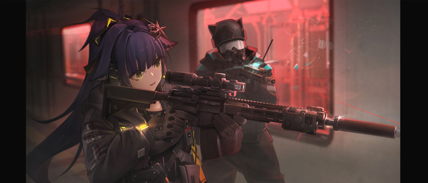 1girl 1other absurdres alisi arknights black_gloves black_headwear black_jacket black_pants black_shirt bullet_hole commentary gloves gun hair_intakes helmet highres holding holding_gun holding_weapon jacket jessica_(arknights) laser_sight long_hair open_clothes open_jacket pants parted_lips pillarboxed ponytail purple_hair shirt solo_focus upper_body very_long_hair weapon weapon_request window yellow_eyes