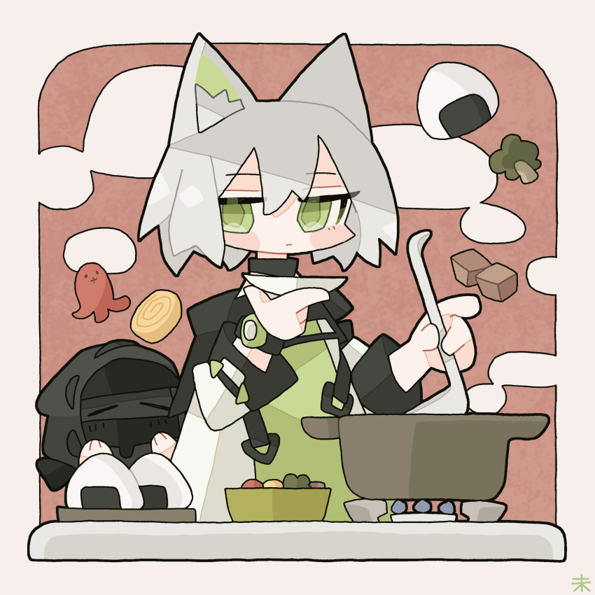 1girl 1other =_= animal animal_ear_fluff animal_ears arknights black_hood blush border bowl broccoli cat_ears cat_girl chibi commentary cooking_pot doctor_(arknights) dress excited fish food green_dress green_eyes highres holding holding_animal holding_fish holding_ladle hood jacket kal'tsit_(arknights) kdmr0402 ladle long_sleeves looking_at_viewer mask omelet onigiri sausage short_hair signature steam stove symbol-only_commentary tamagoyaki watch watch white_hair white_jacket