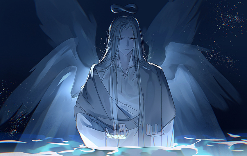 1boy angel angel_wings blue_theme chinese_commentary commentary_request dark grey_eyes grey_hair highres in_water infinity_symbol long_hair looking_at_viewer lord_of_the_mysteries multiple_wings night night_sky ouroboros_(lord_of_the_mysteries) robe sketch sky solo star_(sky) starry_sky tianlihutong water white_robe wings