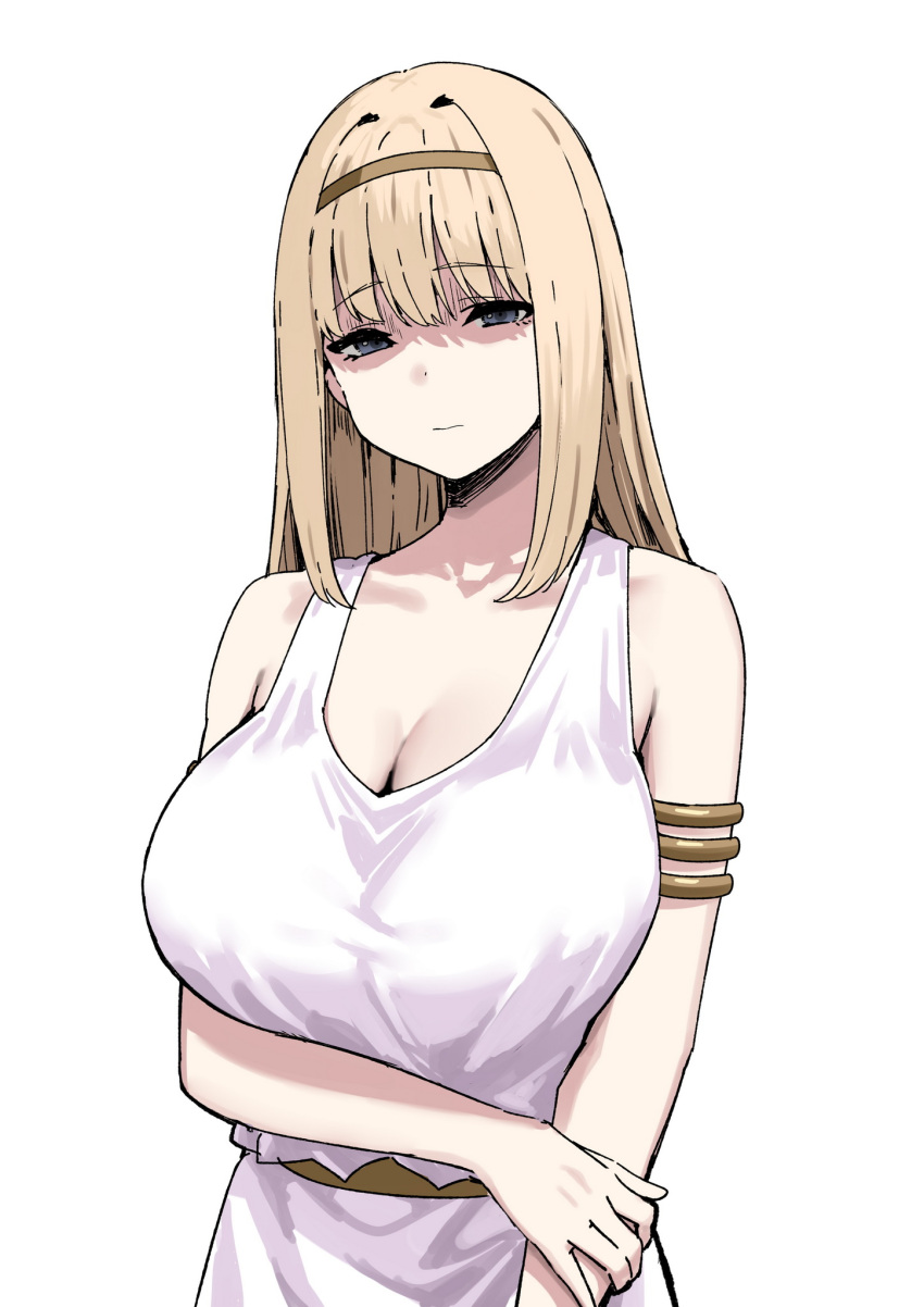 1girl blonde_hair breasts dress hairband hand_on_own_arm highres large_breasts long_hair looking_at_viewer shingeki_no_kyojin sky-freedom sleeveless sleeveless_dress solo upper_body white_background white_dress ymir_fritz