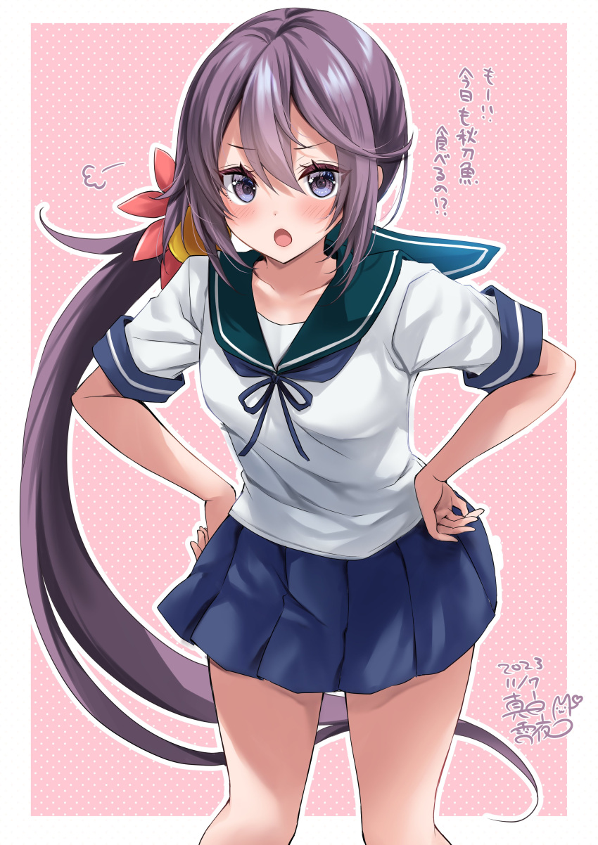 1girl absurdres akebono_(kancolle) bell blue_skirt blush border breasts collarbone commentary_request dated feet_out_of_frame flower green_sailor_collar hair_bell hair_flower hair_ornament hands_on_own_hips highres jingle_bell kantai_collection long_hair looking_at_viewer low_side_ponytail mashiro_yukiya medium_breasts neck_ribbon open_mouth outline patterned_background pink_background pleated_skirt purple_hair ribbon sailor_collar school_uniform serafuku shirt short_sleeves side_ponytail signature simple_background skirt standing thighs very_long_hair violet_eyes white_border white_outline white_shirt