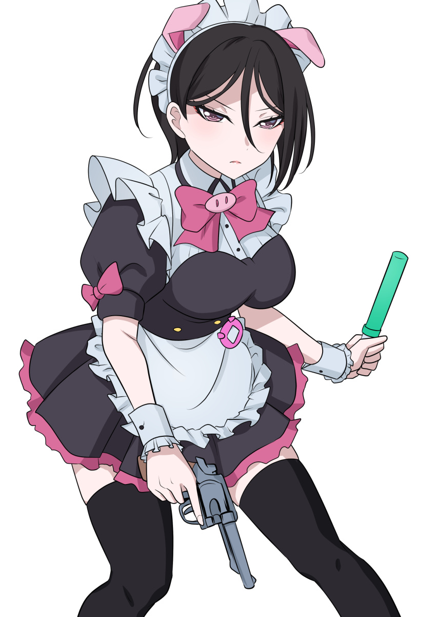1girl akiba_maid_sensou animal_ears bang_dream! black_hair black_thighhighs blush bow breasts closed_mouth fake_animal_ears gun hair_between_eyes highres holding holding_gun holding_weapon kitayu large_breasts lips looking_at_viewer maid_headdress pig_ears pink_bow pink_eyes pink_trim puffy_short_sleeves puffy_sleeves short_hair short_sleeves simple_background skirt solo standing thigh-highs weapon white_background wrist_cuffs yashio_rui