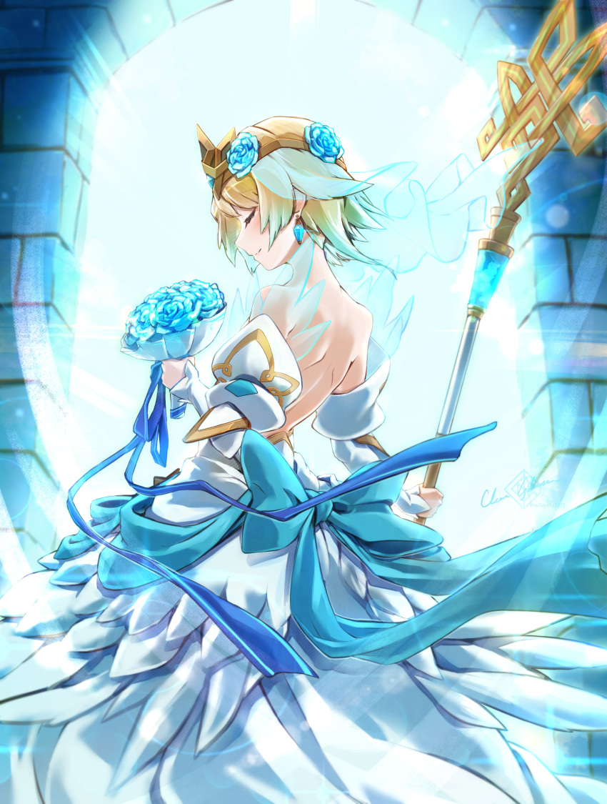 1girl artist_name backless_dress backless_outfit blonde_hair blue_hair bouquet bridal_veil clear_glass_(mildmild1311) closed_eyes closed_mouth commentary_request day dress earrings feather_trim feathers fire_emblem fire_emblem_heroes fjorm_(bridal)_(fire_emblem) fjorm_(fire_emblem) flower gold_trim gradient_hair highres holding indoors jewelry multicolored_hair ribbon see-through short_hair signature simple_background skirt smile staff tiara two-tone_hair veil wedding_dress