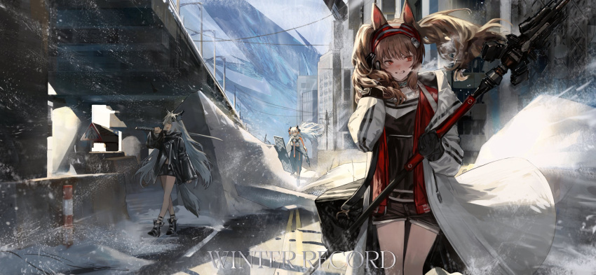 3girls animal_ears arknights black_coat boots bridge brown_hair building character_request coat gloves high_heel_boots high_heels highres holding holding_shield holding_weapon jacket kanashi_kumo lamppost long_hair multiple_girls outdoors over_shoulder road shield shorts snow street sword sword_over_shoulder twintails utility_pole weapon weapon_over_shoulder white_hair white_jacket