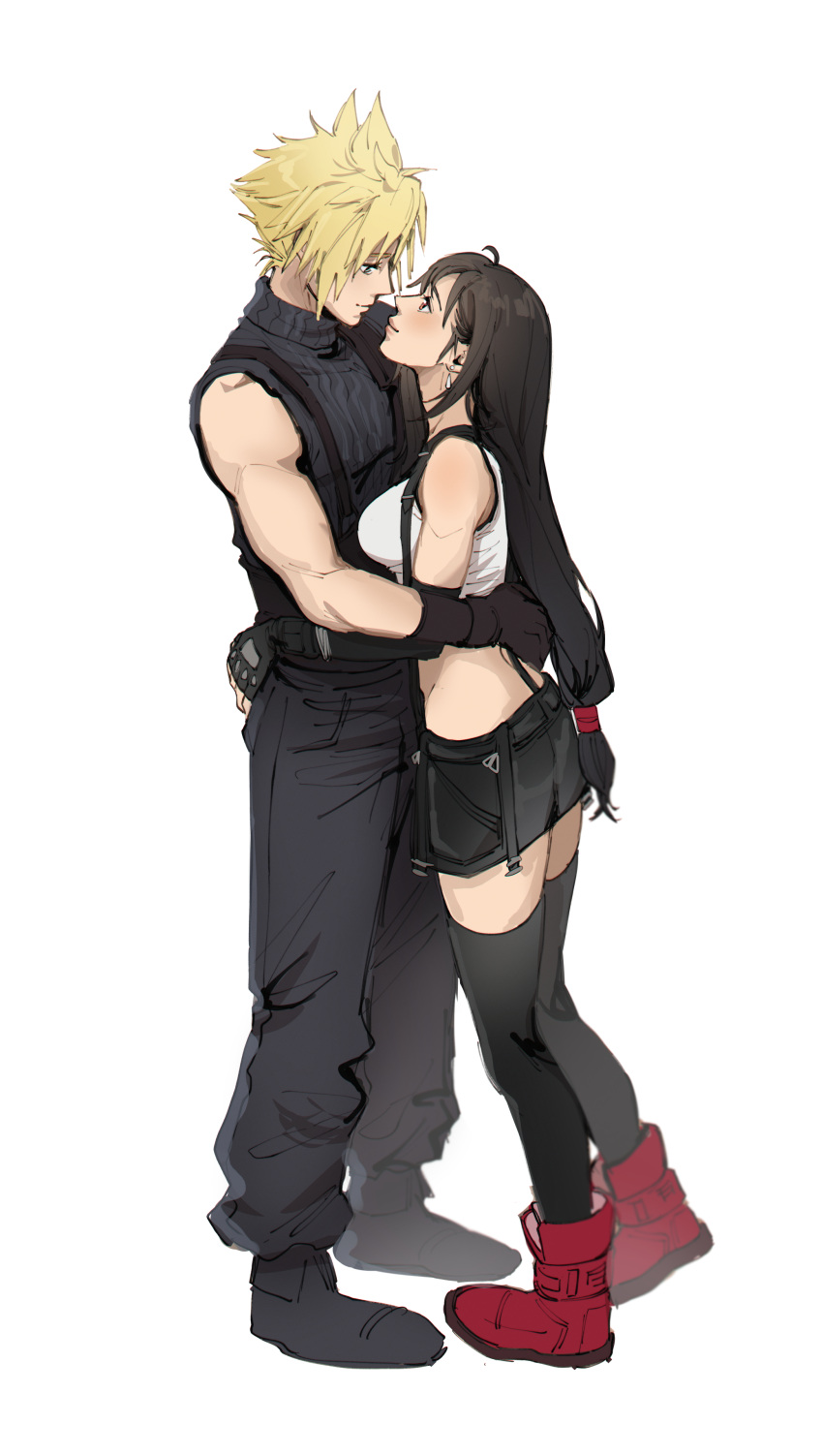1boy 1girl absurdres baggy_pants bare_shoulders black_footwear black_gloves black_hair black_skirt black_thighhighs blonde_hair blue_eyes boots breasts closed_mouth cloud_strife commentary couple crop_top earrings elbow_gloves eye_contact final_fantasy final_fantasy_vii final_fantasy_vii_remake fingerless_gloves full_body gloves highres hug jewelry large_breasts light_blush long_hair looking_at_another looking_down looking_up low-tied_long_hair midriff pants pudelmudel red_eyes red_footwear short_hair single_bare_shoulder single_earring skirt sleeveless sleeveless_turtleneck spiky_hair standing suspender_skirt suspenders sweater tank_top teardrop_earrings thigh-highs tifa_lockhart turtleneck turtleneck_sweater very_long_hair white_background white_tank_top zettai_ryouiki