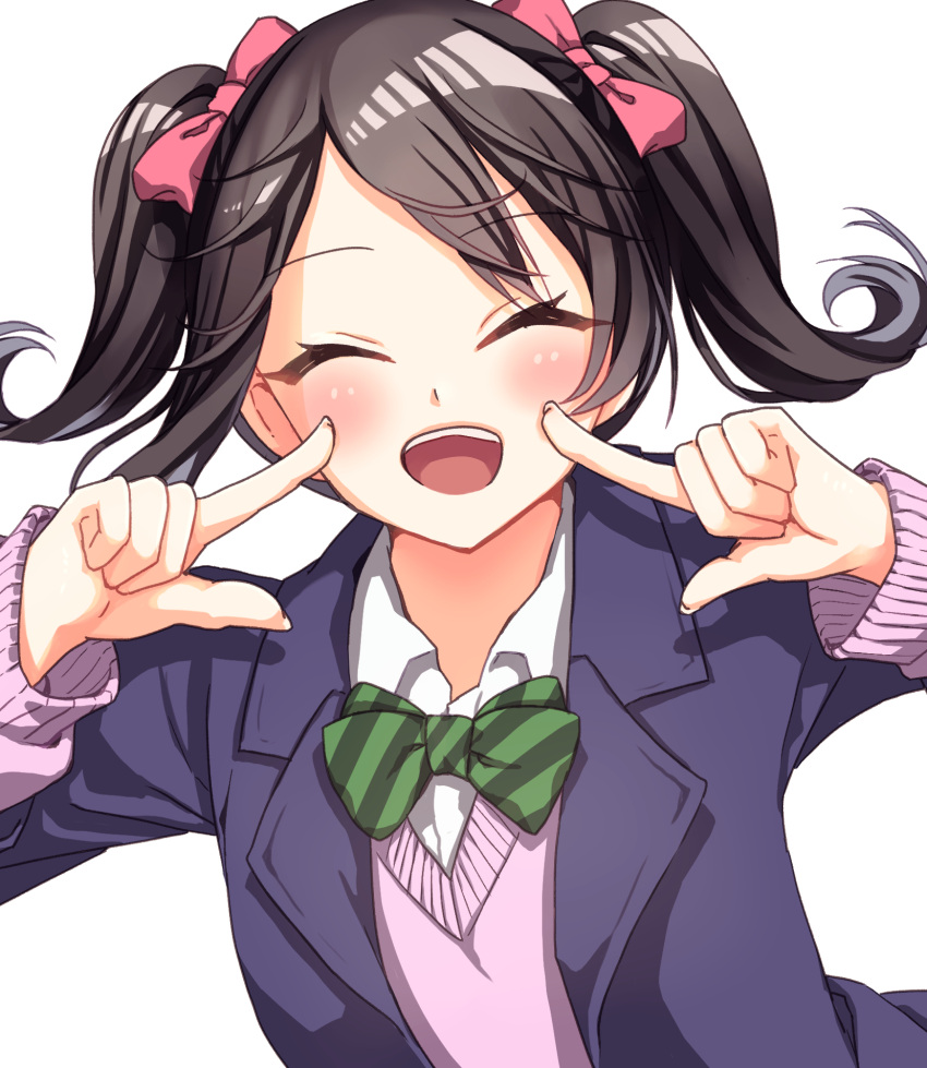 1girl :d ^_^ black_hair blue_jacket blush bow bowtie closed_eyes collared_shirt commentary_request eyelashes facing_viewer finger_to_cheek floating_hair green_bow green_bowtie hair_between_eyes hair_bow hands_up happy highres index_fingers_raised jacket long_sleeves love_live! medium_hair open_clothes open_jacket open_mouth pink_bow pink_sweater rily_f school_uniform shirt simple_background smile solo sweater teeth twintails upper_teeth_only white_background white_shirt yazawa_nico