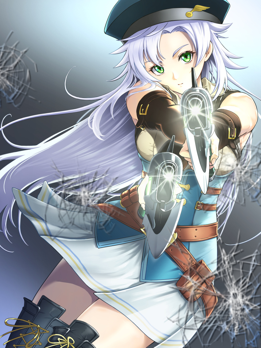 1girl bare_shoulders belt_pouch boots breasts chiga_akira crack cracked_glass cracked_screen cropped_jacket curtained_hair dual_wielding eiyuu_densetsu elbow_gloves fie_claussell fingerless_gloves gloves green_eyes gunblade highres holding holding_weapon kuro_no_kiseki long_hair looking_at_viewer pointing pointing_at_viewer pointing_weapon pouch scarf simple_background skirt small_breasts solo two-tone_background weapon white_hair