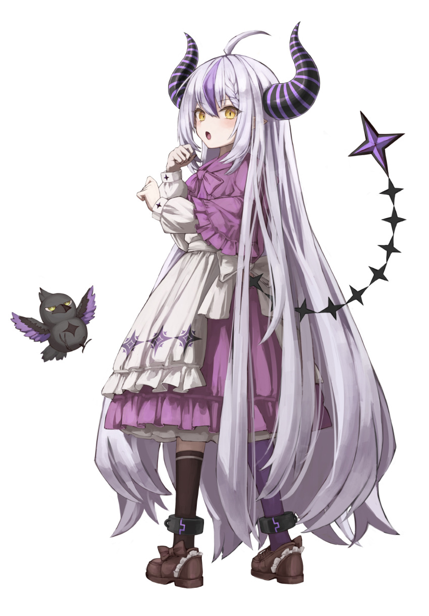 1girl ahoge alternate_costume ankle_cuffs braid braided_bangs capelet dress frilled_dress frills grey_hair highres hololive horns la+_darknesss long_hair multicolored_hair osobachan pointy_ears purple_hair socks streaked_hair striped_horns tail very_long_hair virtual_youtuber