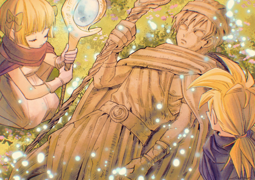 1girl 2boys belt blonde_hair blue_cloak blunt_bangs bow child cloak closed_eyes commentary_request dragon_quest dragon_quest_v dress father_and_daughter father_and_son from_above gloves grass green_bow hair_bow hero's_daughter_(dq5) hero's_son_(dq5) hero_(dq5) highres holding holding_staff kneeling long_hair low_ponytail magic mouyi multiple_boys outdoors petrification pink_cloak short_hair siblings spiky_hair staff statue twins white_dress white_gloves