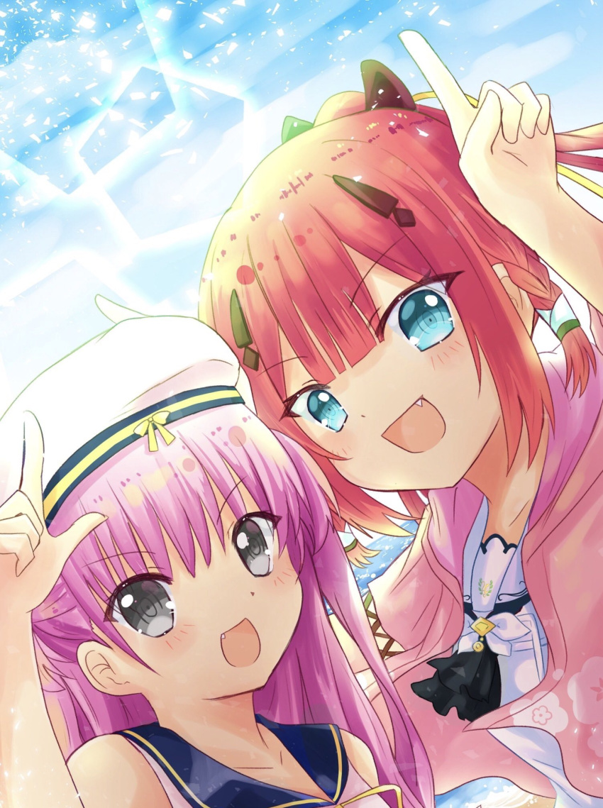 2girls :d blue_sailor_collar blunt_bangs blush braid canaca_chiyuri center-flap_bangs cherry_blossom_print close-up commentary_request day dress dutch_angle eyes_visible_through_hair fake_horns fang floral_print grey_eyes hair_between_eyes hair_ornament hairclip hands_up hat highres horns horns_pose japanese_clothes kamiyama_shiki katou_umi kimono light_particles long_hair looking_at_viewer multiple_girls ocean oni_horns open_clothes open_kimono open_mouth outdoors pink_kimono ponytail purple_hair redhead ringed_eyes sailor_collar sailor_dress sailor_hat school_uniform shirt smile summer_pockets tsurime twin_braids two_side_up v-shaped_eyebrows white_dress white_headwear white_sailor_collar white_shirt